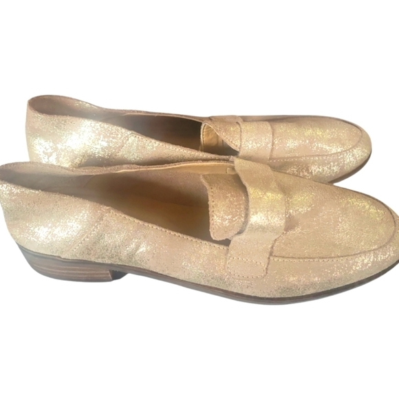 Lucky Brand Women's Gold Glitter Distressed Burnished Loafers Size 9M/39 - Picture 2 of 8